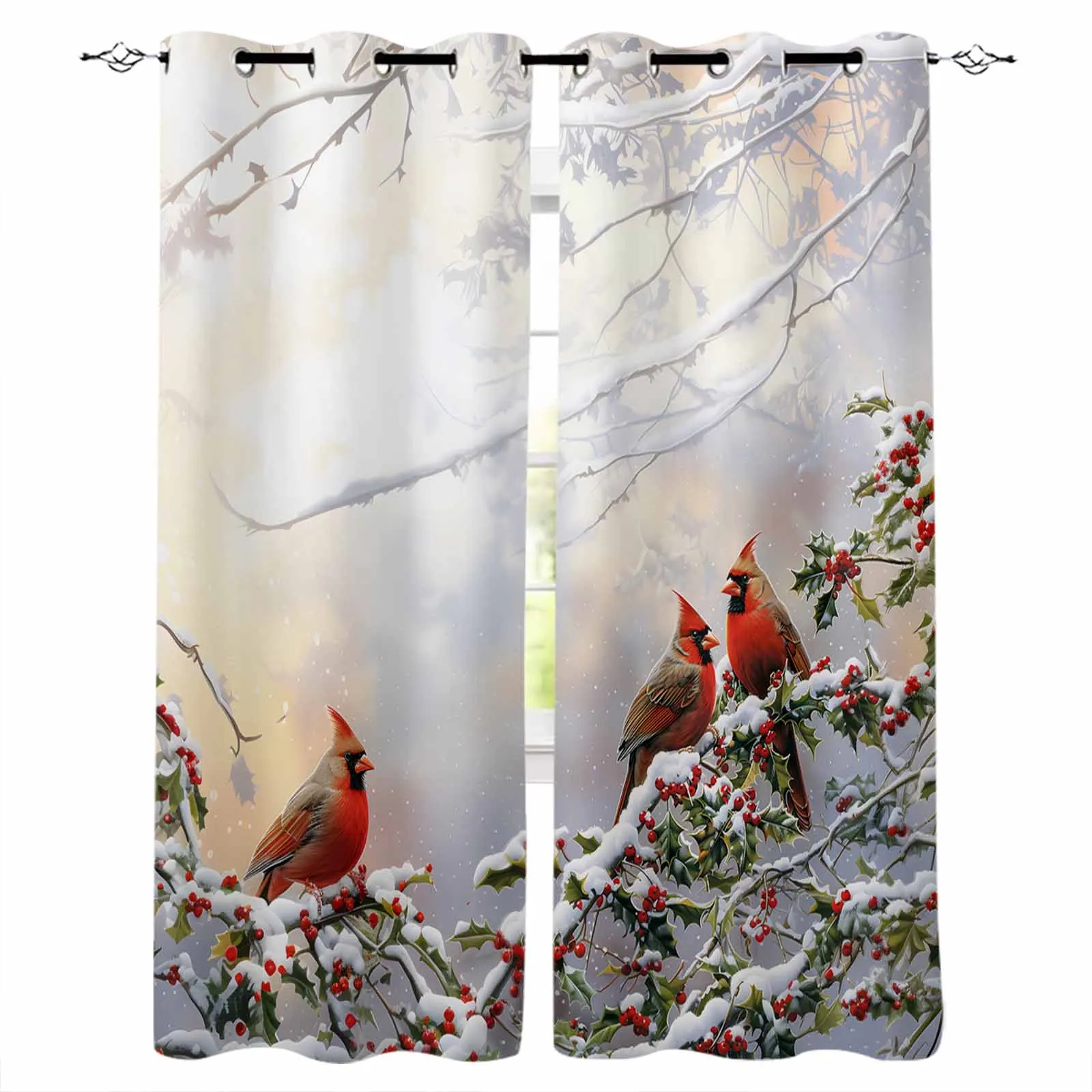 Winter Snowy Scenery Forest Cardinals Berries Blackout Curtains For Living Room Bedroom Window Treatment Blinds Kitchen Drapes