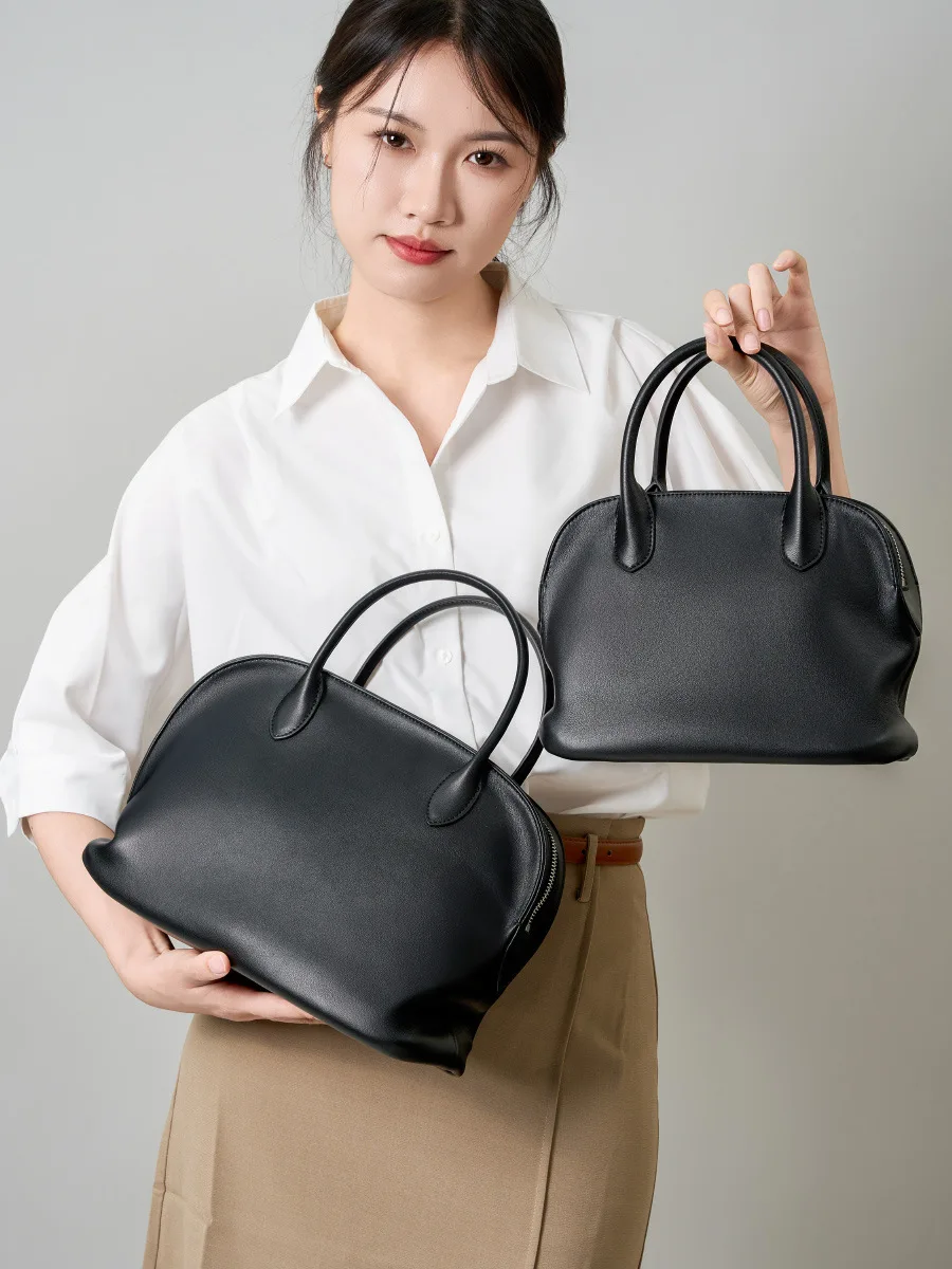 

2025 New Pleated Top Grain Leather Tote Bag Euro Style Genuine Shell Bag Spacious Dual Sizes Light Luxury Women's Handbag