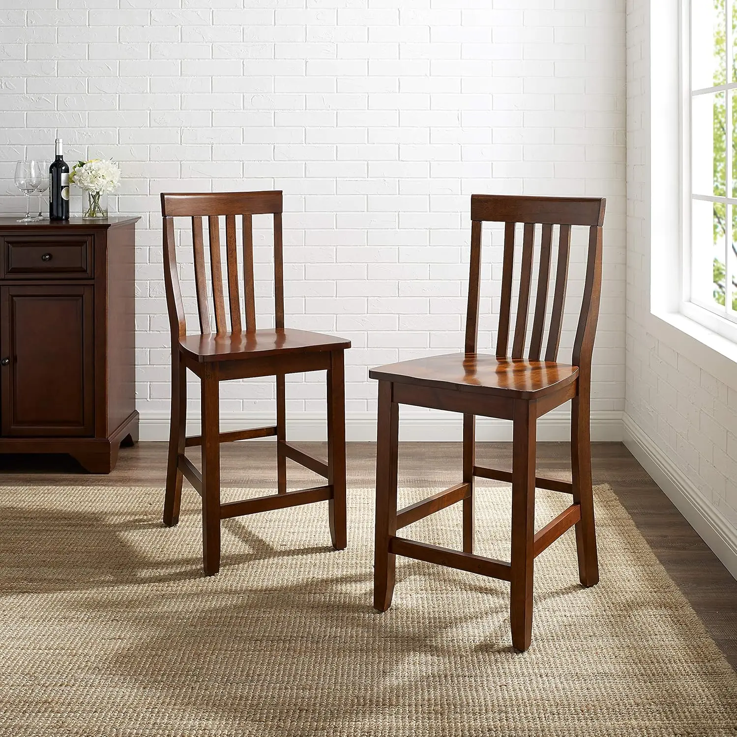 Crosley Furniture Schoolhouse Bar Stool (Set of 2), 24-inch, Vintage Mahogany