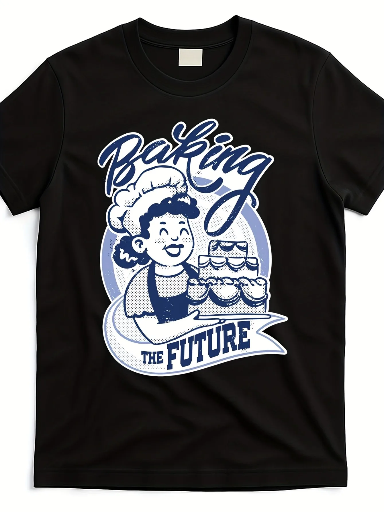 

Women's Retro Black Pattern T-Shirt - Describes a happy woman wearing a chef's hat and a blue apron