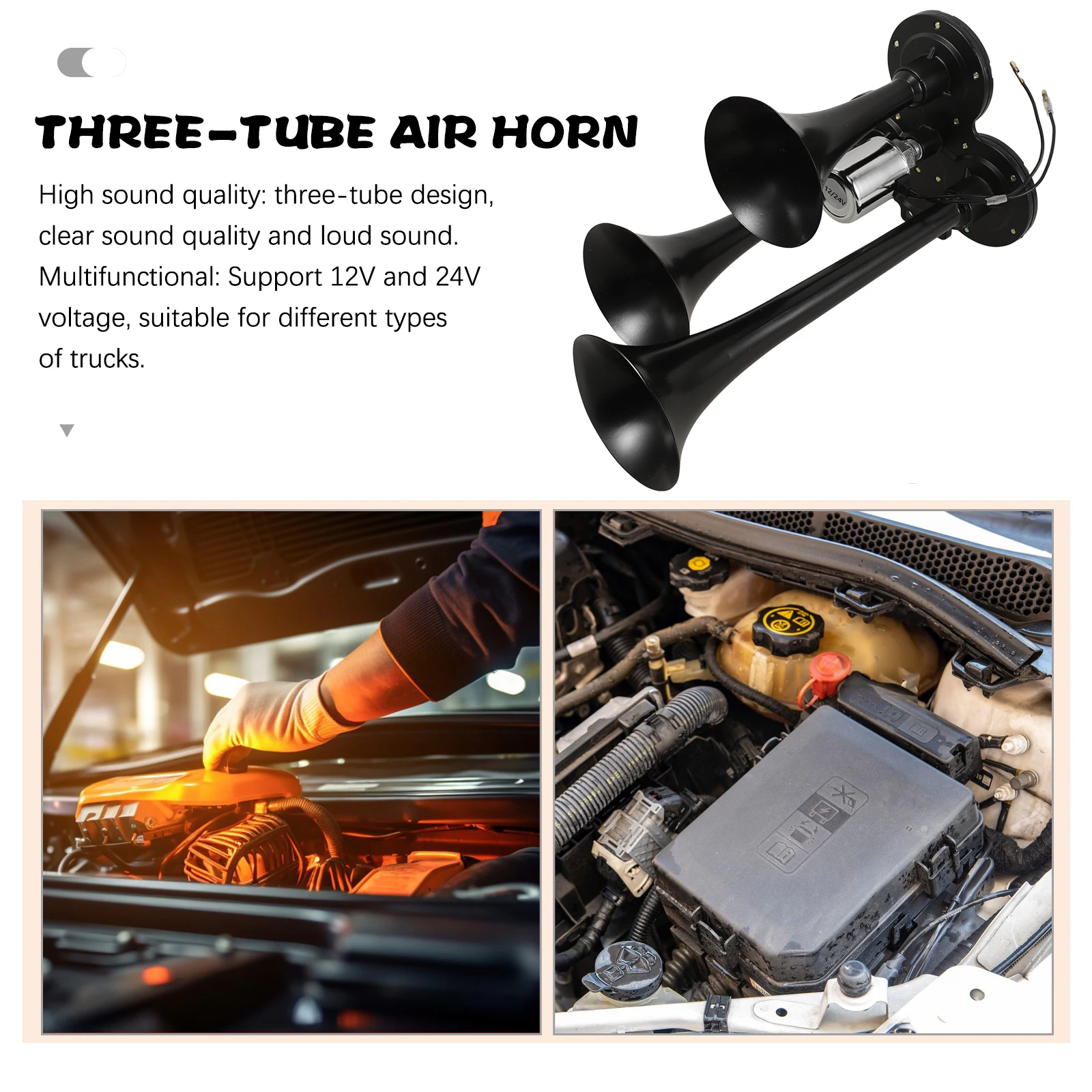 

Triple Trumpets Air Horn 12V 24V Black Loud Sound Zinc Alloy Powerful Pressure Train Horn Kit Trucks Pickup Car