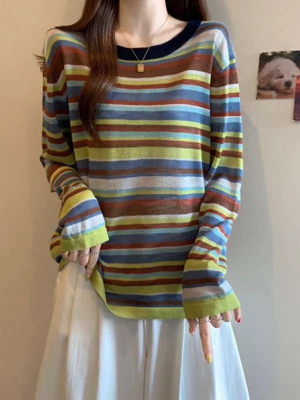 

Rainbow Stripes V-Neck Long Sleeve Knitted Base Shirt Women's Early Spring plus Size Slimming Anti-Aging Dopaamine Top