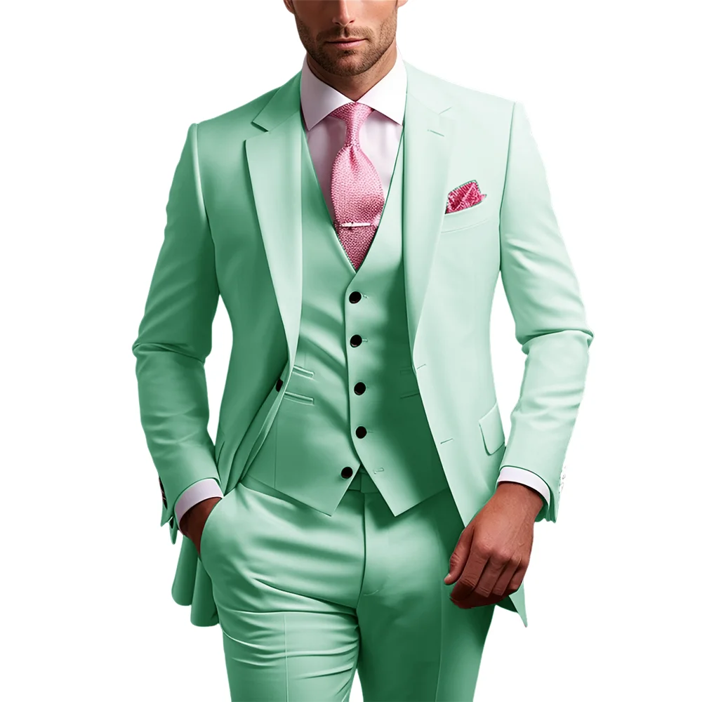 남성용 3피스 핑크 슬림핏 턱시도 정장 바지와 조끼 포함 클래식 단색 웨딩 신랑 맞춤 의상