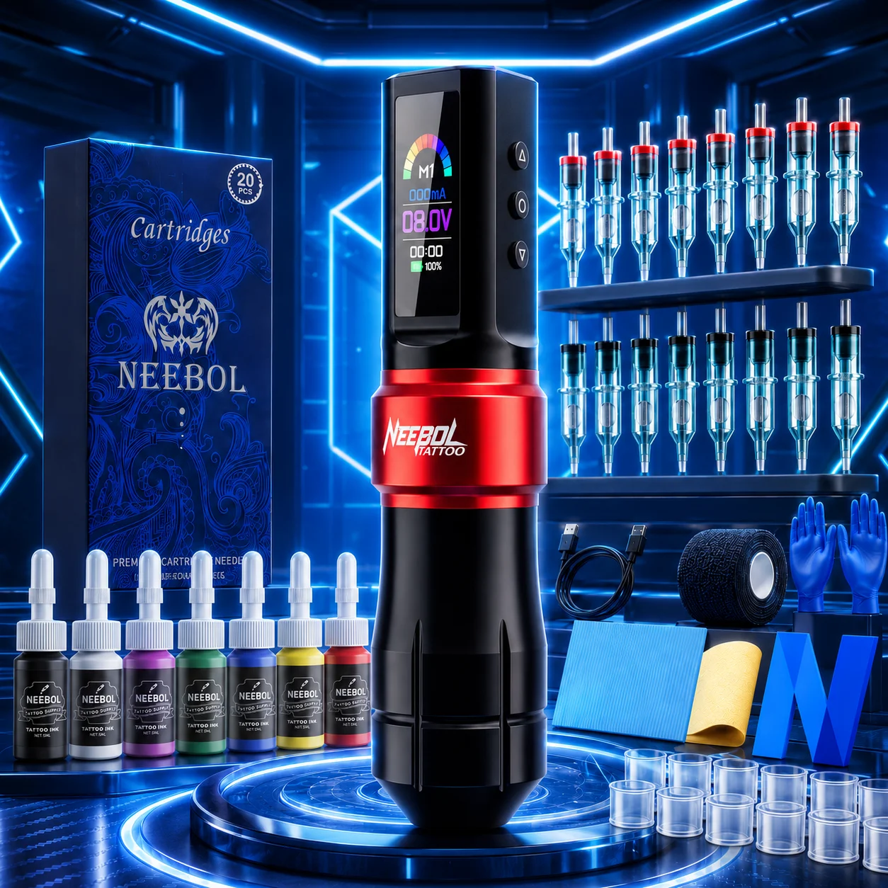 Neebol Cordless Tattoo Pen Kit, Wireless Rotary Tattoo Machine with Screen Display, Metal Grip Body for Steady Handling, Easy Control & Comfortable Use, 3 Memory Modes, 1600mAh Battery, 20 Needles, 7 Inks, Body Art Gift for Artists
