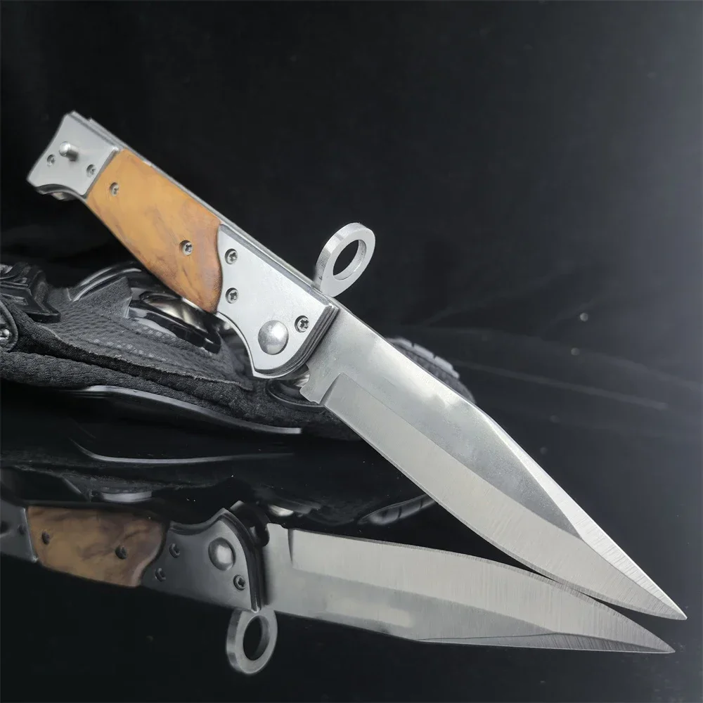 M9 Hunting Folding Knife Outdoor Camping Hiking Jungle Knife 440C Steel Blade Steel and Colored Wood Handle Self Defense Tools