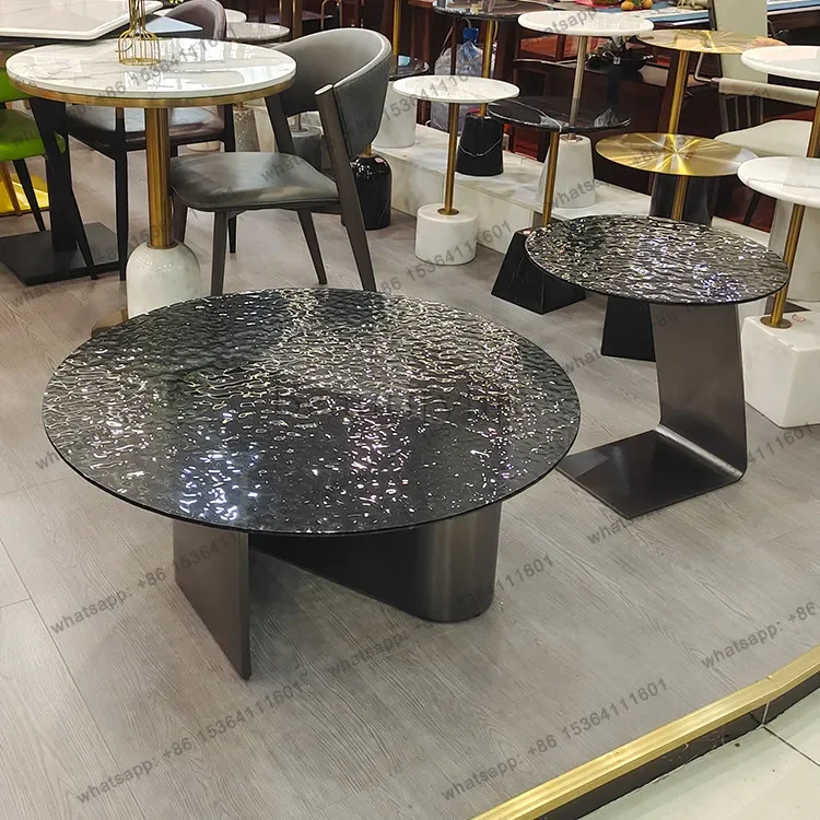 yj15 Water ripple glass round modern coffee table light luxury simple stainless steel side table