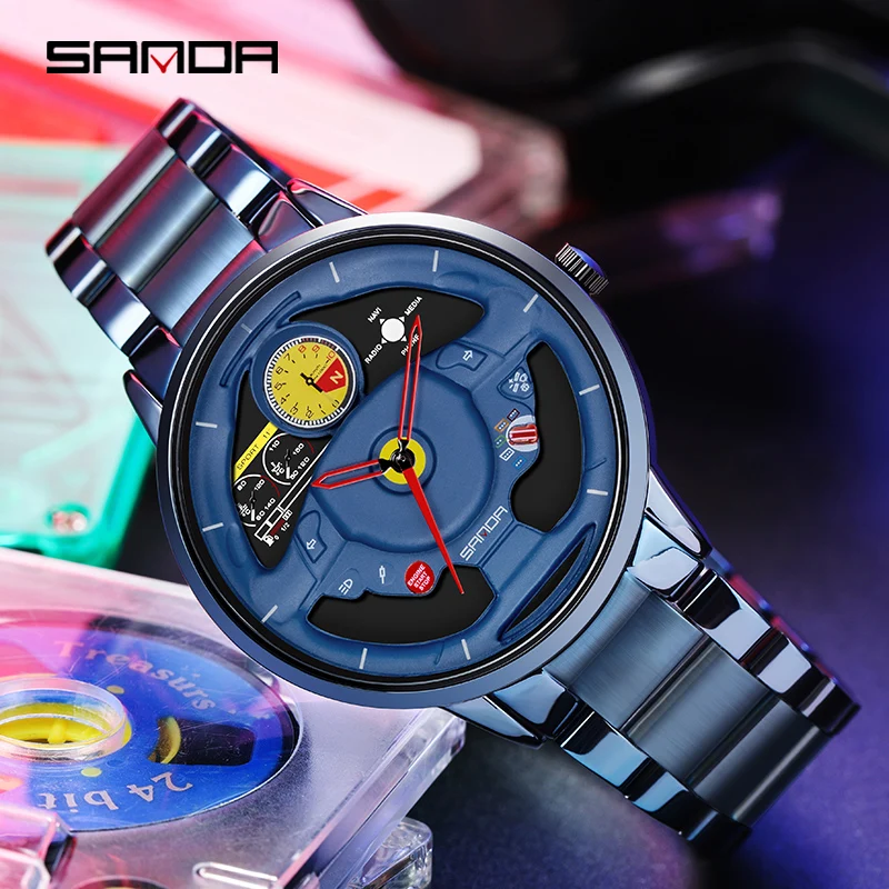 SANDA P1085 Innovative Skeleton Watch Men's Sports Car Steering Wheel Waterproof Stainless Steel Strap Quartz Brand Wristwatches