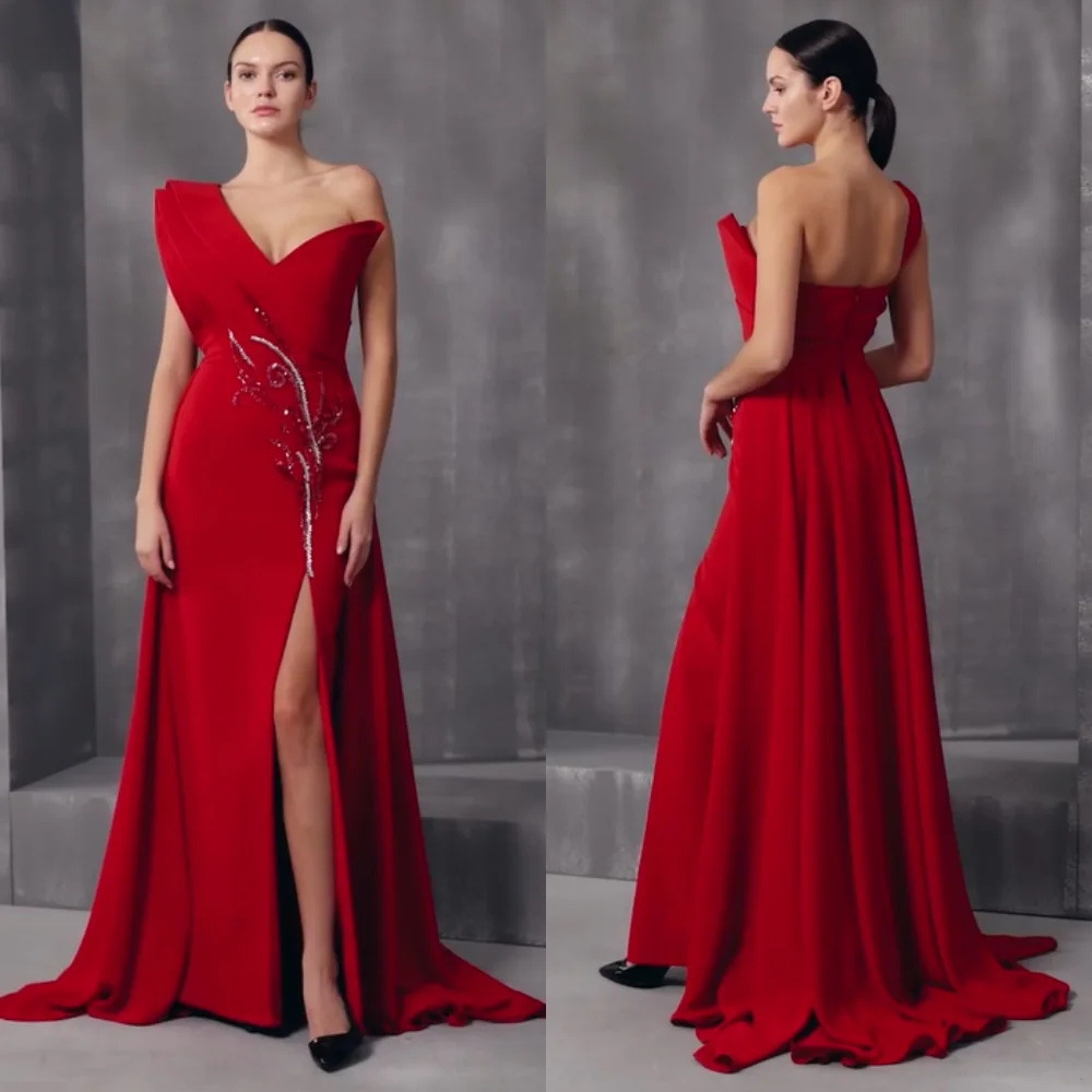 

Customized Exquisite Jersey Sequined Pleat Pattern Trumpet One-shoulder Long Dresses Bespoke Occasion Classic