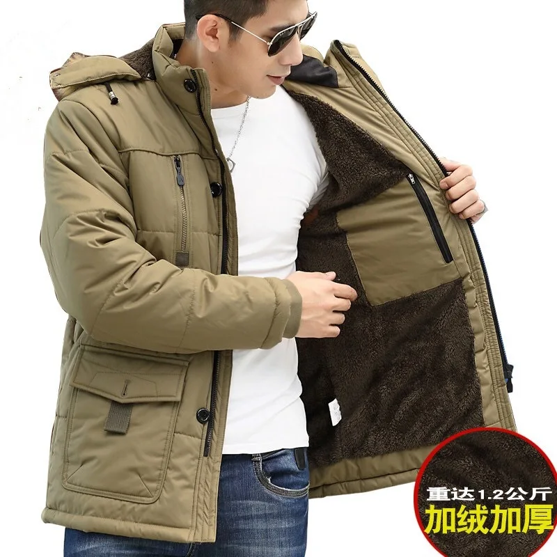 Coat Men's Middle-Aged and Elderly Cotton-Padded Clothes Loose plus Size Mid-Length Fleece-lined Thickened Dad Wear