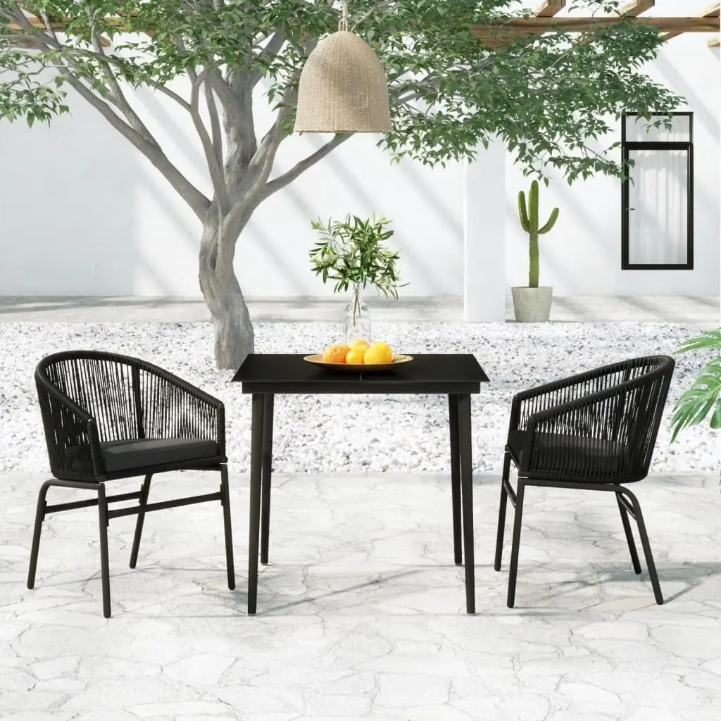 

Garden Dining Set Black Powder Coated Steel Glass Top Table PVC Rattan Modern Design Durable Construction
