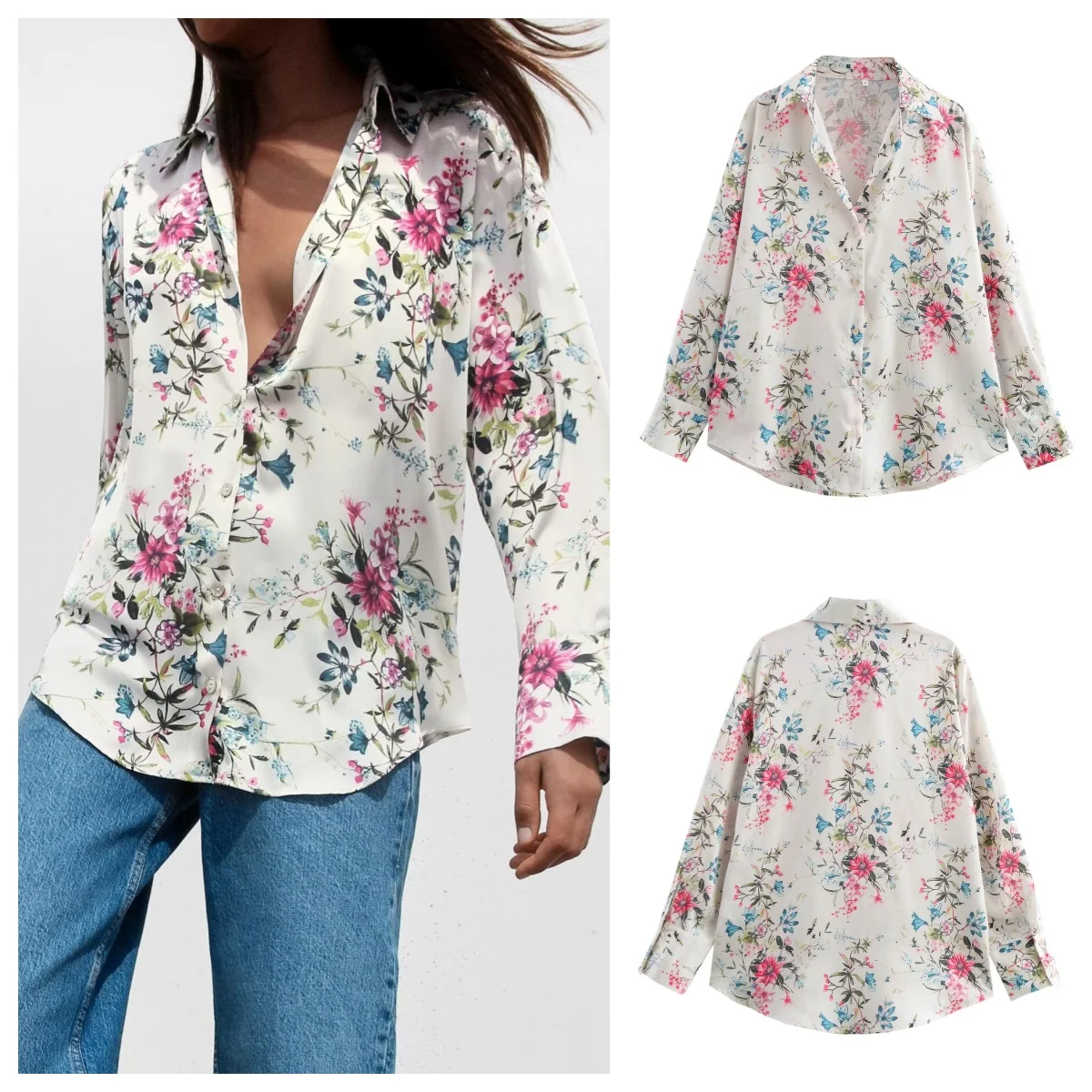 

European and American style new fashion all-match satin texture printed long-sleeved casual shirt