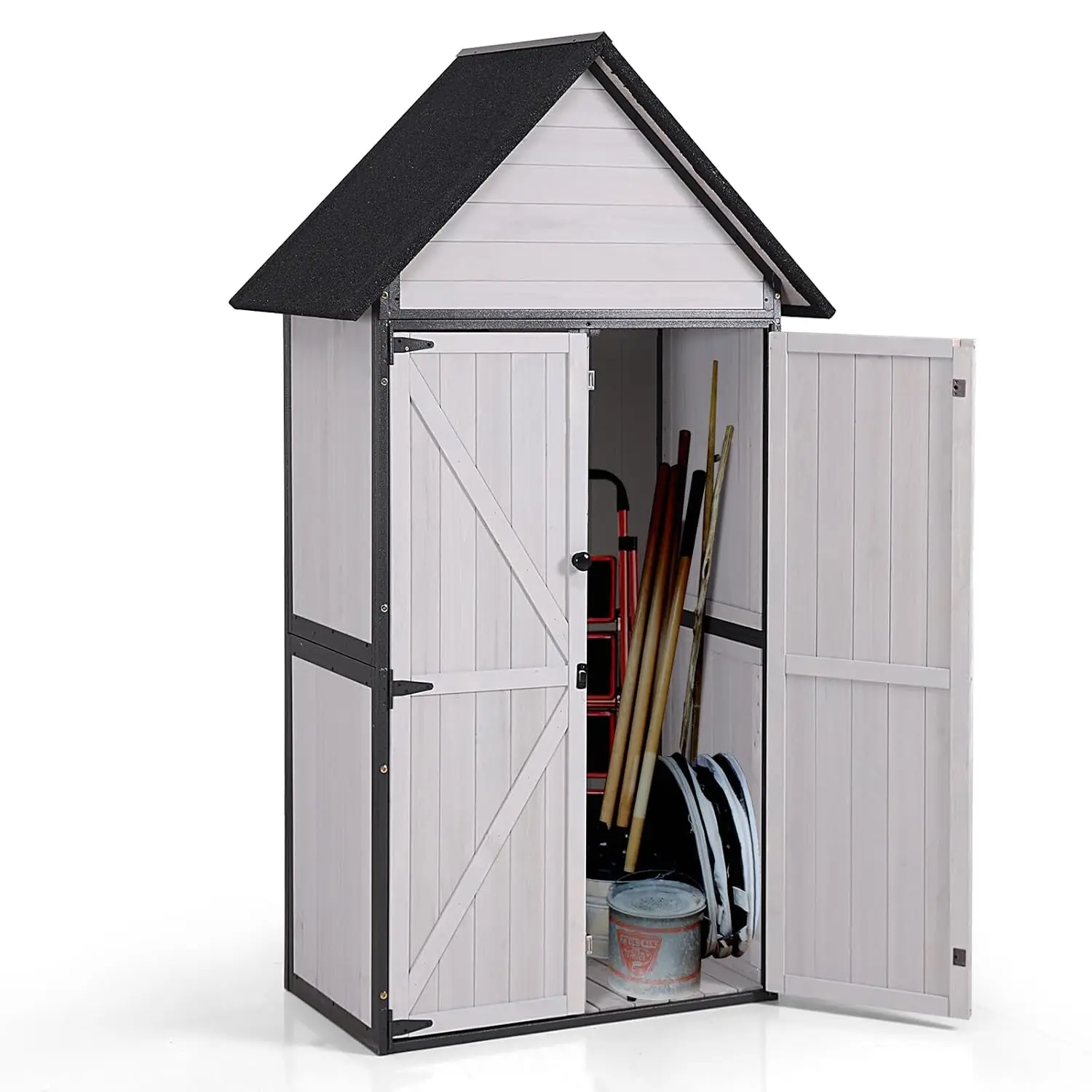 Wooden Garden Tool Shed Metal Frame Sloped Roof 3 Tiers Shelves Outdoor Storage Cabinet Backyard Patio Lawn 67.1