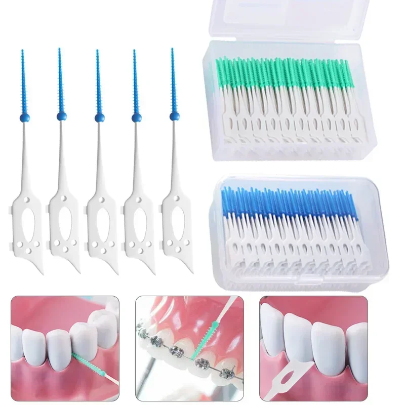 Interdental Silicone Brushes 200 Units Dental Toothpicks Brush Between Teeth Silicone Toothpicks with Thread Oral Cleaning Tools