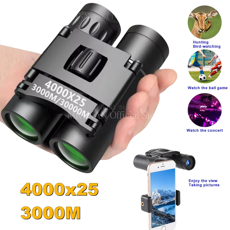 4000x25HD 3000M Long Range Binoculars Telescope,BAK4 FMC Optics,Folding Mini Portable Telescope,For Hunting,Camping,Hiking