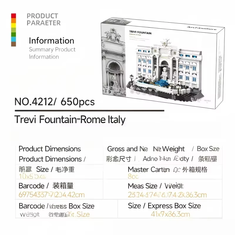 이탈리아 로마 위시 분수 - 트레비 분수 650개 블록, DIY 미니어처 건축 모델, 도전적인 조립 및 전시 선물