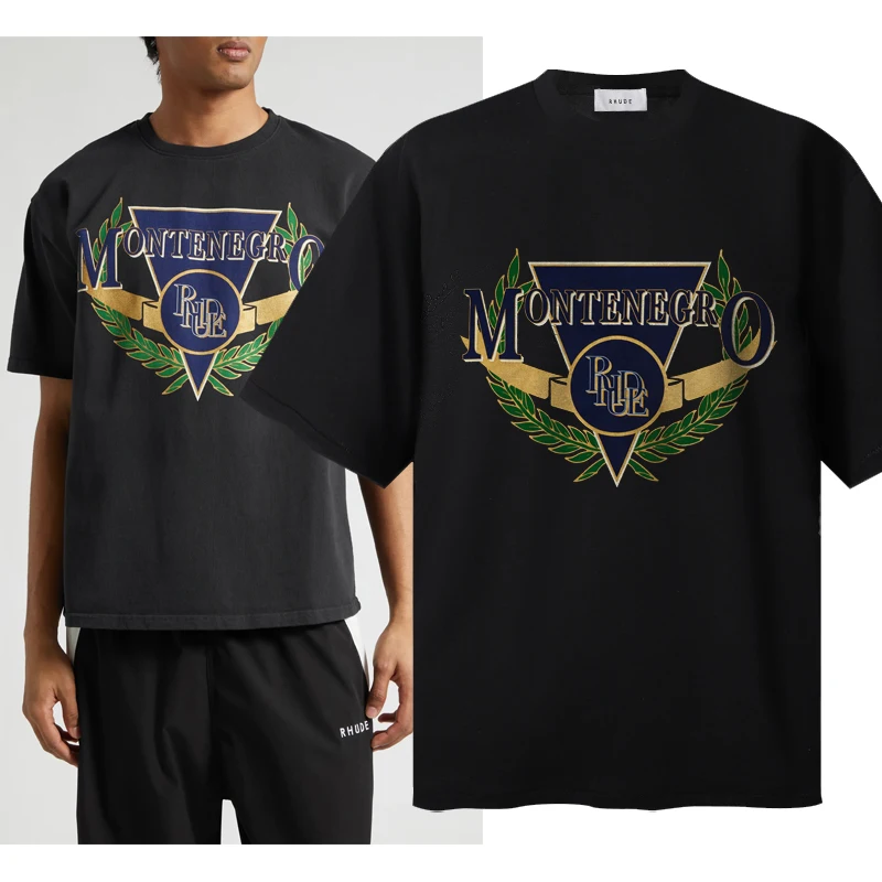 

Футболка Rhude, высококачественная повседневная универсальная футболка с принтом, круглым вырезом и короткими рукавами, отправка в течение одного дня