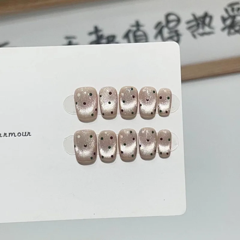 10 pezzi affascinanti unghie finte fatte a mano a pois francesi Squoval Cat Eye unghie artificiali glitter nude per donne e ragazze