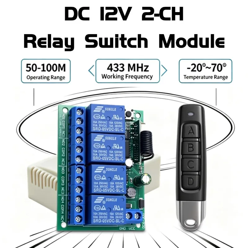 433Mhz Universal Wireless Remote Control Switch 4Channel DC 12V 24V Relay Receiver 60m Range for LED/Motor/Light/Garage Door/Fan