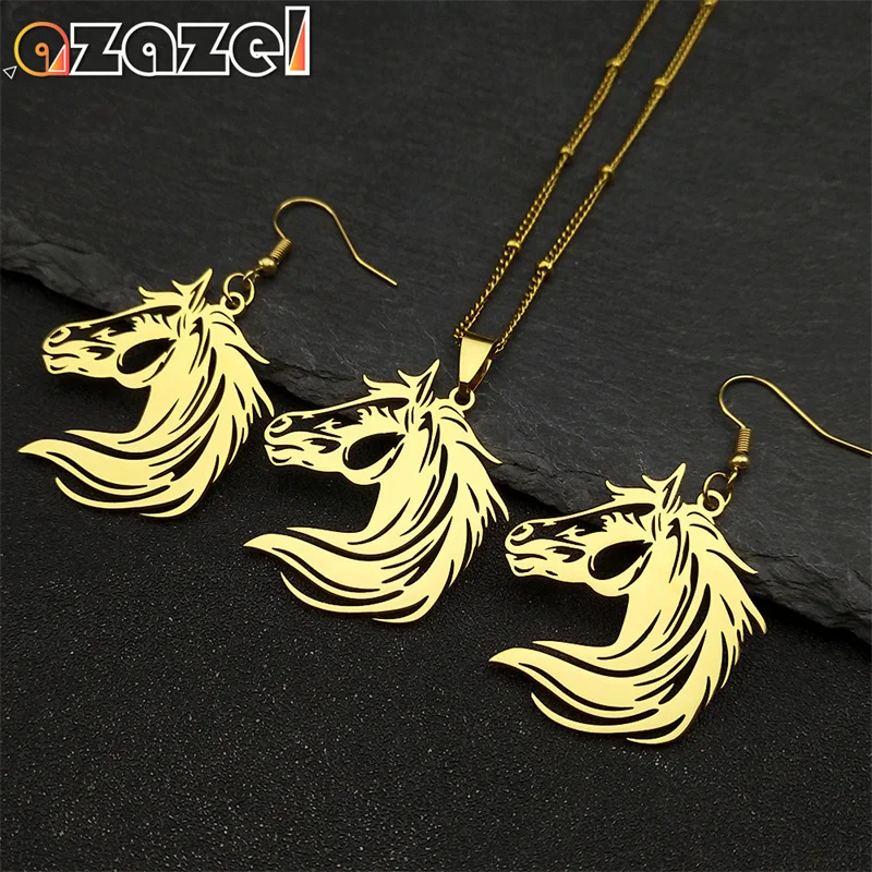 Black Horsehead Pendant Necklace Earrings for Women Men Stainless Steel Animal Hollow Out Hip Hop Friendship Party Jewelry Set