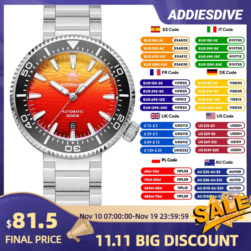 

ADDIESDIVE AD2526 Automatic Mechanical Dive Watch Japan 8215 1000M Water Resistant Sapphire Double Dome Ceramic Bezel BGW9
