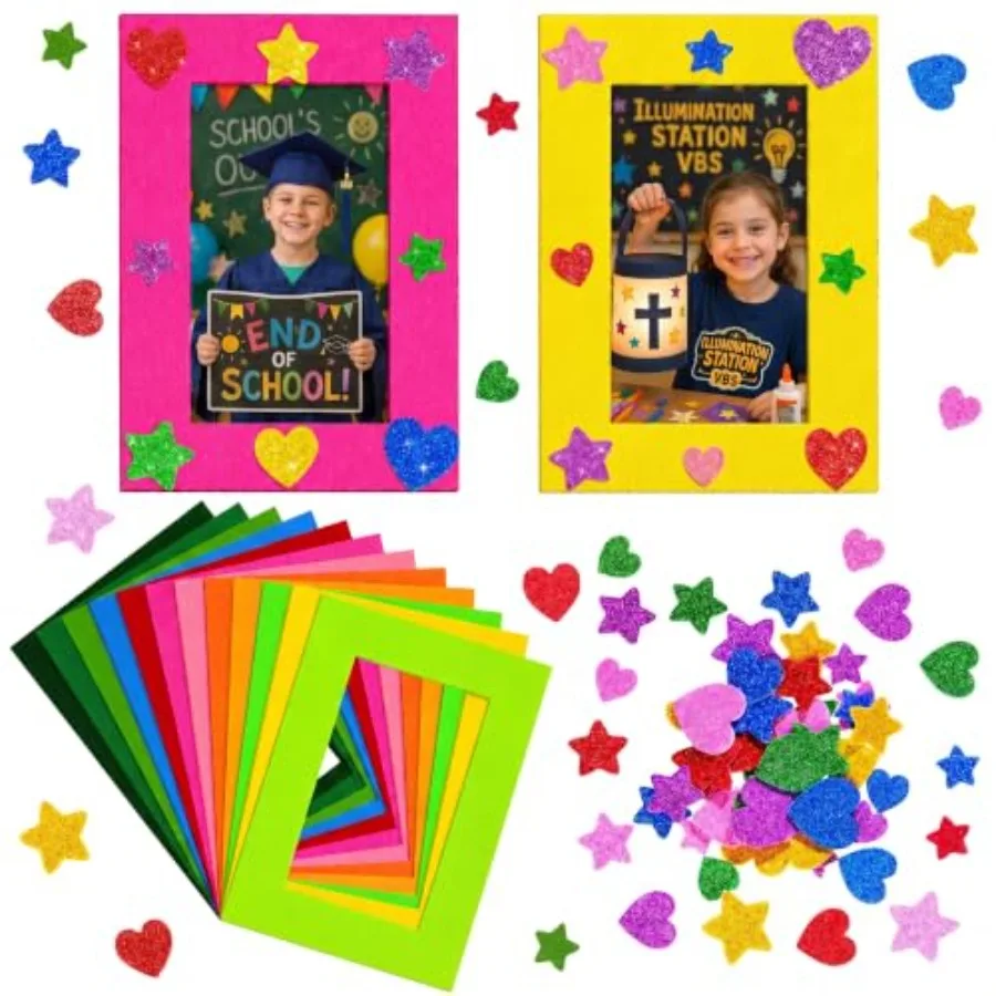24 Pcs DIY Kid Craft Kit Colorful Felt Photo Holiday Frames and 50 Pcs Colorful Glitter Stickers for Back to School Classroom C