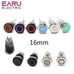 16mm New Waterproof Metal Push Button Switch LED Light Black Momentary Latching Auto Car Engine Computer PC Power Switch 3-380V