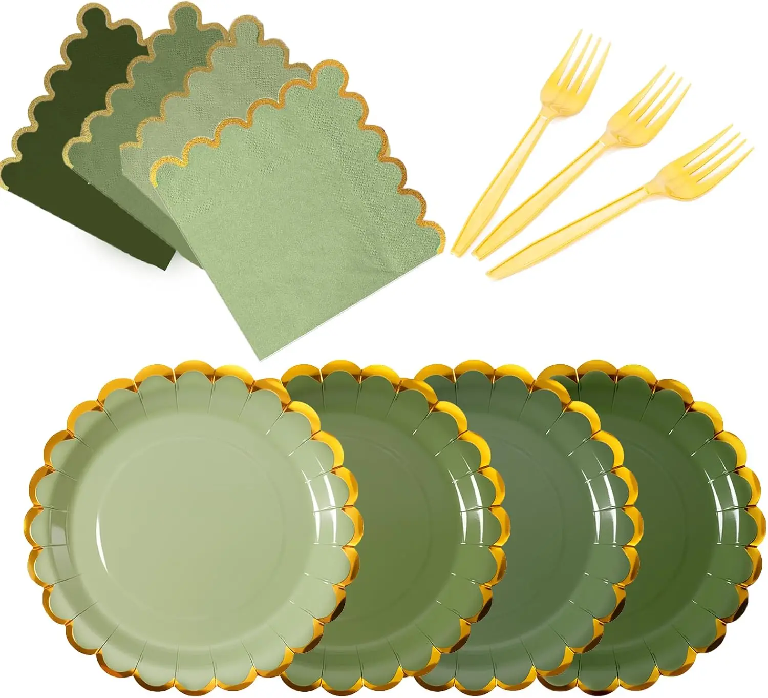 

Зубчатые тарелки для вечеринок Sage Green с салфетками и вилкой, рамка из золотой фольги, набор одноразовой посуды из 24 предметов