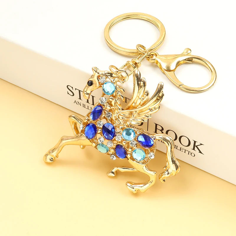 Exquisite Coloured Rhinestones Skyhorse Keychain Chinese Zodiac Gift Souvenir Bag Pendant Car Interior Horse with Wing Keyring