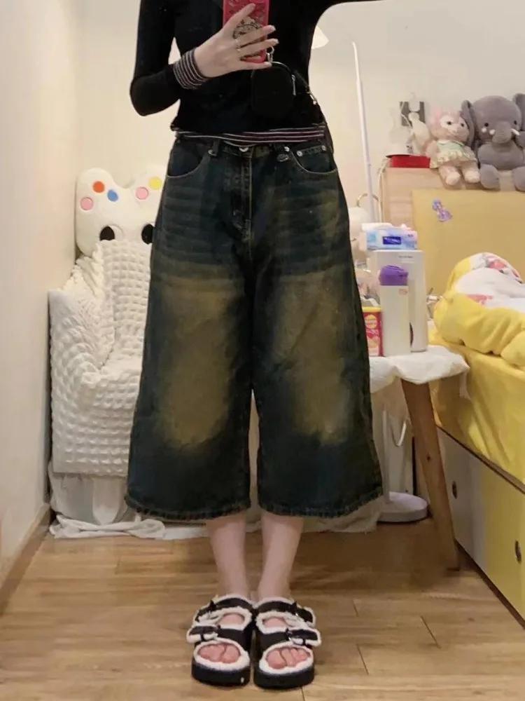 

Винтажные синие джинсовые шорты в стиле Харадзюку 1920-х годов с высокой талией, женские повседневные мешковатые шорты в стиле панк, уличная одежда в стиле Y2K, мешковатые шорты в масштабе 3