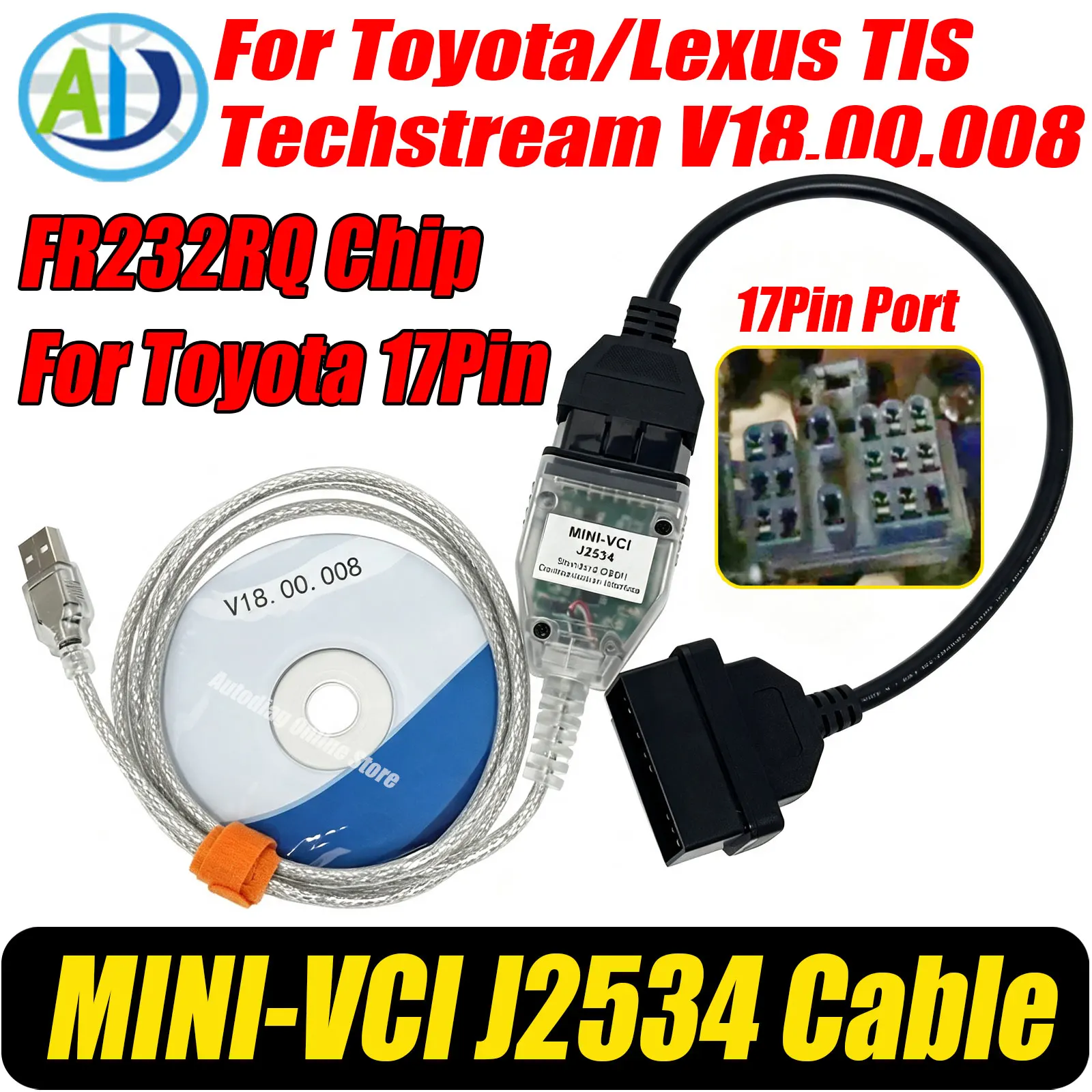 Für Toyota/Lexus MINI VCI J2534 Kabel TIS Techstream Original FTDI FT232RL OBD2-Interface-Scanner für Toyota 17-Pin/22-Pin Kabel – Detail 17