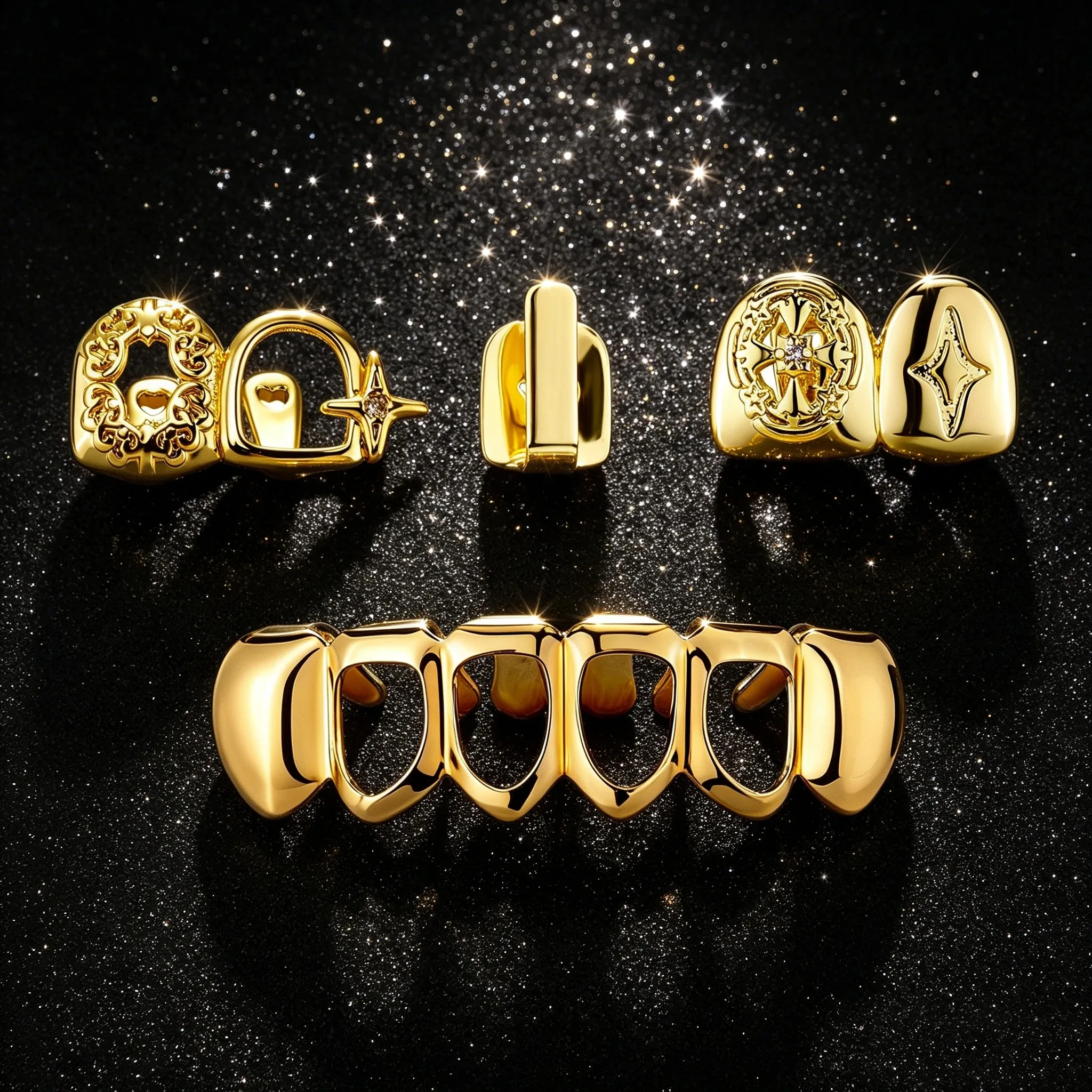 4Pcs Hip Hop Grillz Set for Men And Women Removable Hollow Cross Star Top And Bottom CZ Jewelry Y2K Style Removable Tooth Access - view 5