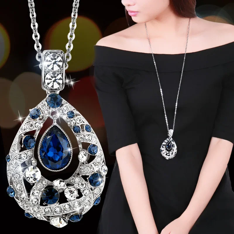 Vinatge Crystal Water Drop Sweater Long Necklaces for Women New Trendy Korean Fashion Clothes Pendant Geometric Jewelry