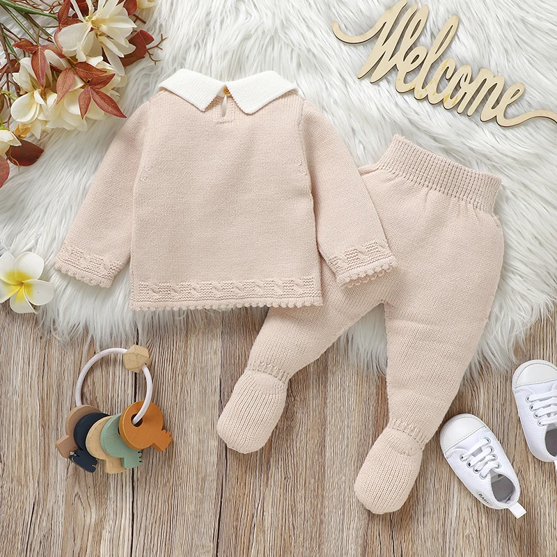 Newborn Baby Clothes Set Knit Infant Girl Sweater Long Sleeve Pants Foot Wrap Warm Autumn Kid Pullover Trousers Fashion Bow 0-9M