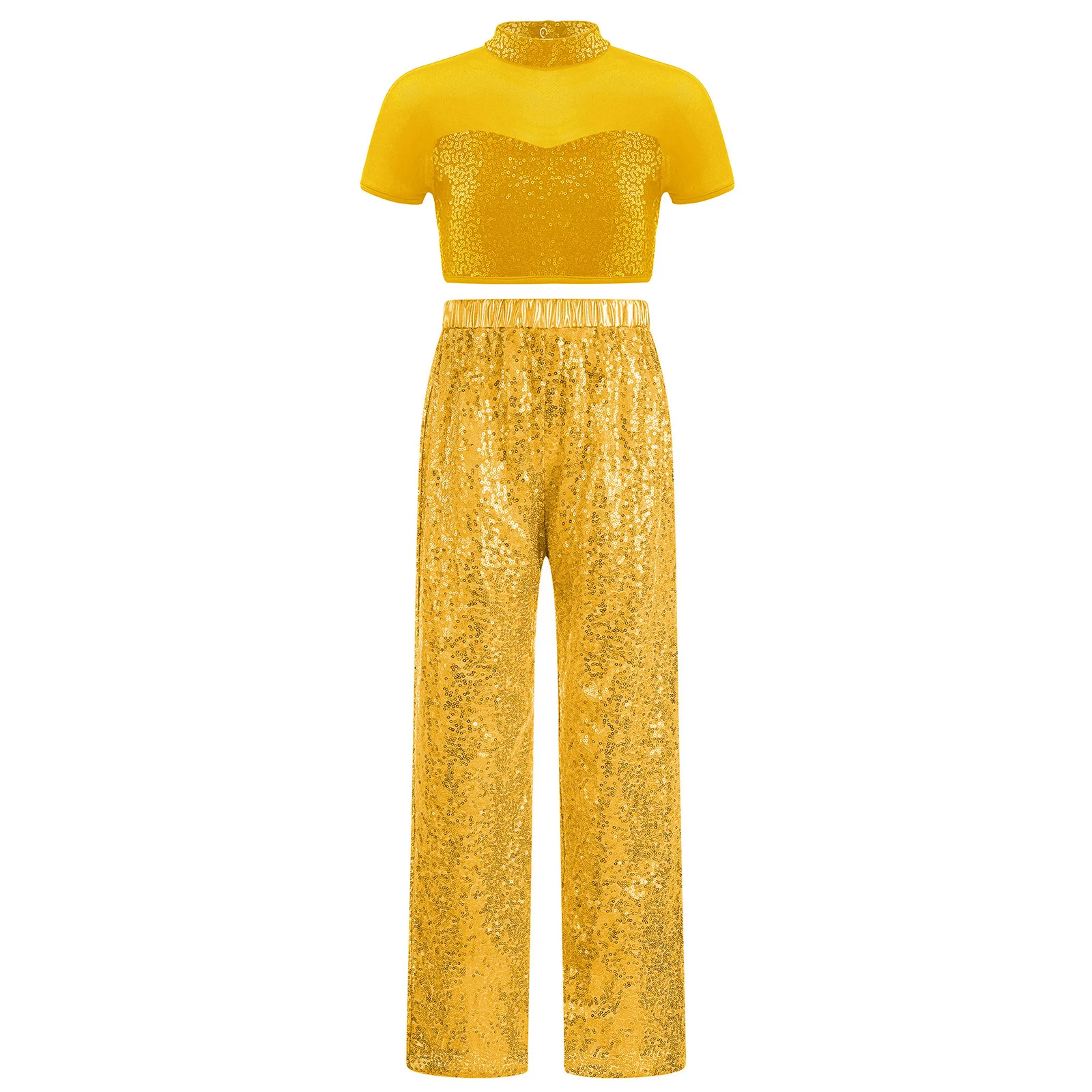 

Kids Girls Jazz Latin Dance Outfit Mock Neck Short Sleeve Mesh Patchwork Cutout Back Shiny Sequins Crop Top+Pants Set Streetwear