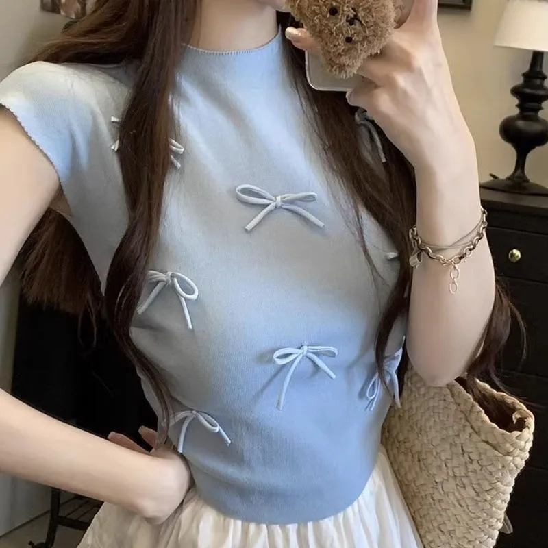 Korean Summer Women's 2024 New O-Neck Panel Bow Folds Fashion Solid Color Slim Fit Comfortable Casual Flying Sleeves Knitted Top