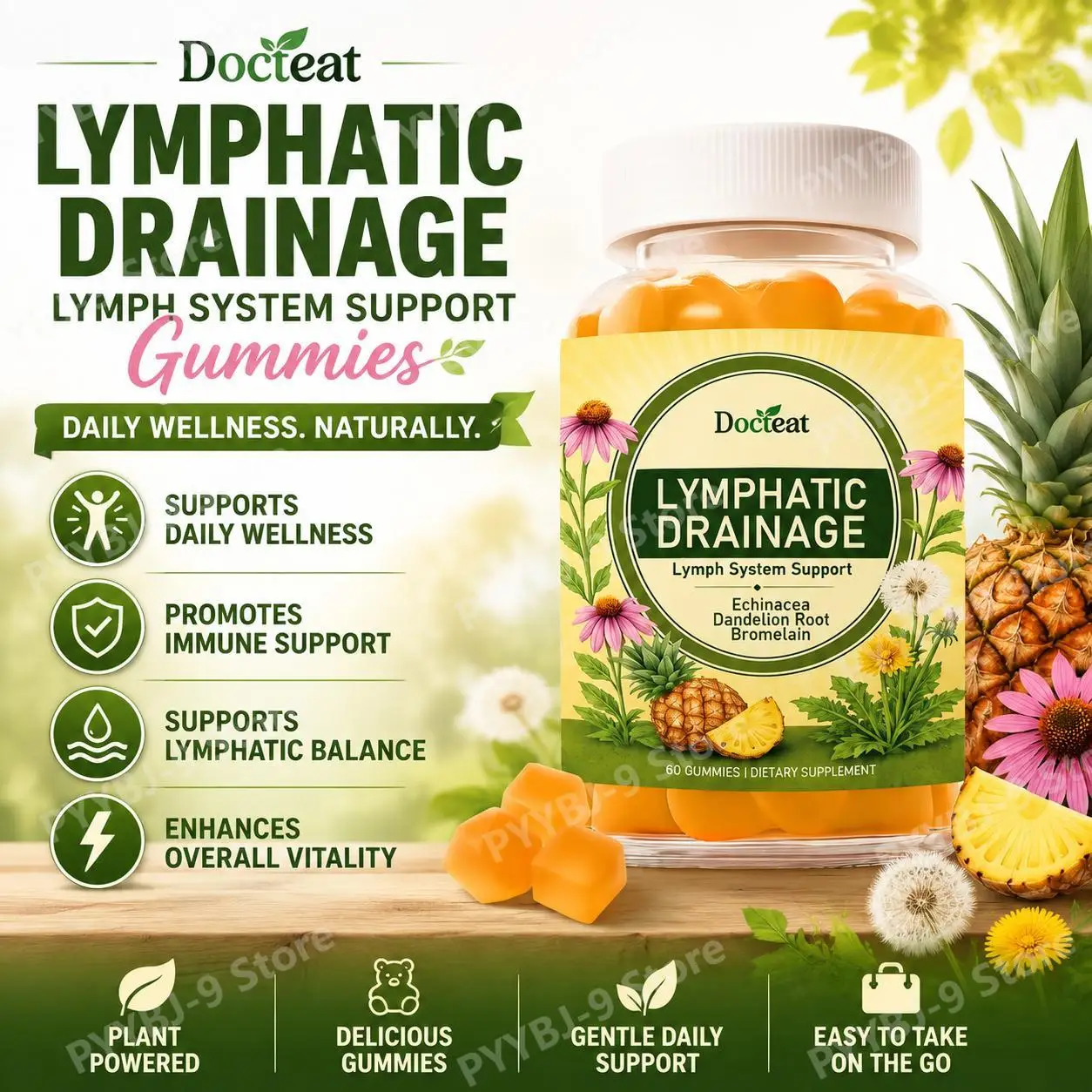 Docteat Lymphatic Drainage Gummies | Echinacea 200mg Dandelion Root 200mg | Lymph Flow, Cleanse Detox, Immune Support, 60 Count