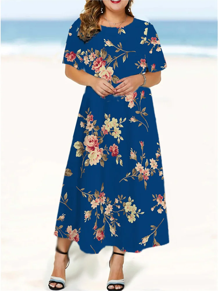 Summer Casual Floral Dresses O Neck Party Sundress Oversized Loose Beach Dress Women Y2K Dress Streetwear Lady Chic Robe