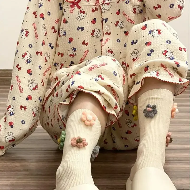 Hot Kawaii Sanrios Hellokitty Autumn Winter Pajamas Pure Cotton Sweet Girl Tops Pants Casual Loose Cardigan Jacket Home Wear Set