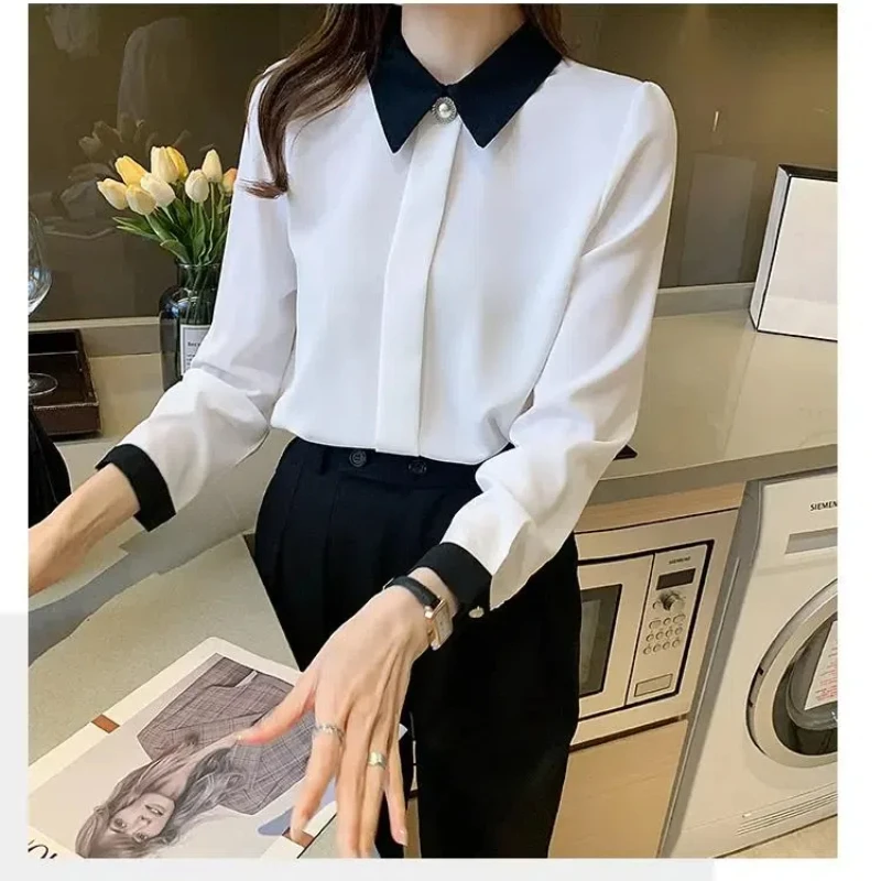 2024 Spring and Autumn Korean Fashion Minimalist Versatile Long Sleeve Blouses Loose Collar Solid Color Button Women\'s Shirt Top