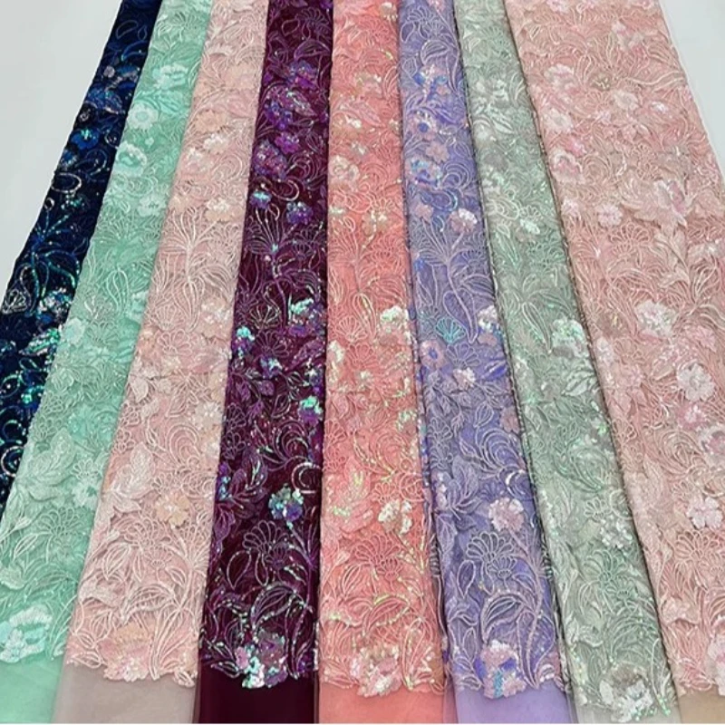 

Deep blue lace French high-quality mesh fabric African luxurious multi-color sequined flower sequin embroidered lace dress