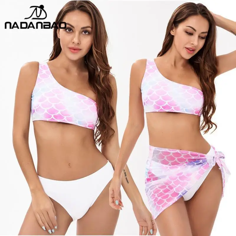 Nadanbao Pink Fish Scale Printed Bikini Women's High Elastic Three-Piece Swim Suit One Shoulder Swimwear Vacation Bathing Suit