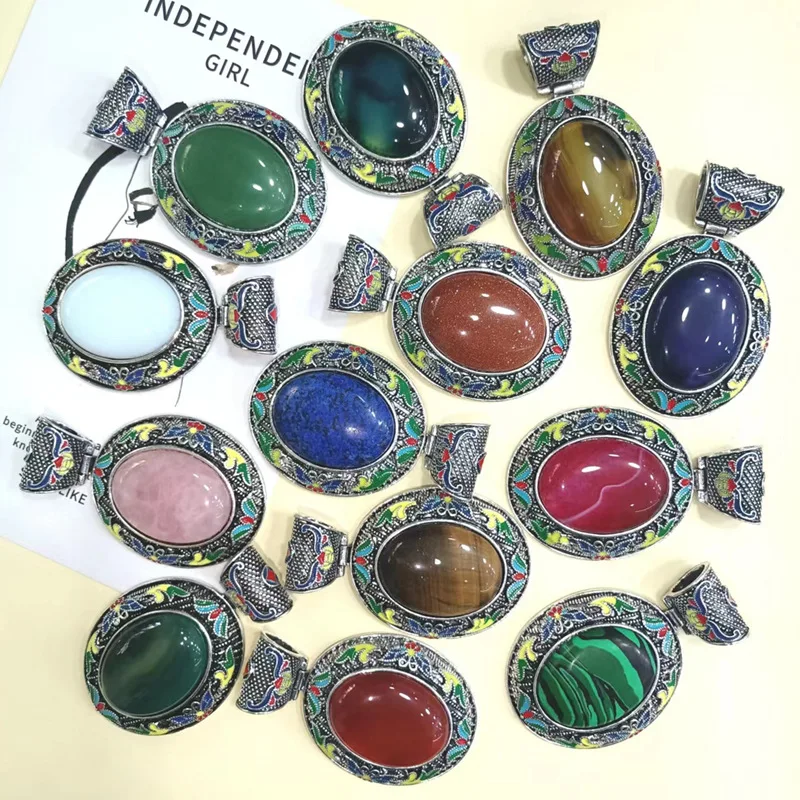 Antique Ethnic Style Imitation Cloisonné Amethyst Pink Quartz, Red Agate, Golden Sand, Tiger Eye Stone Sweater Necklace