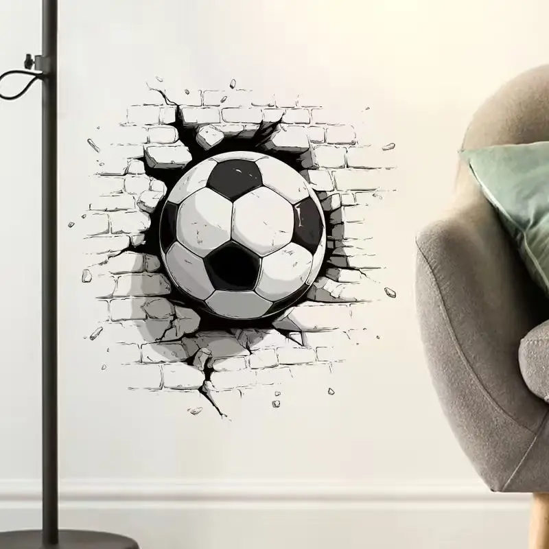 VIKAMA 3D Soccer Football Wall Sticker Breaking Brick Wall Effect, Self-Adhesive Peel and Stick Decal for Game Room