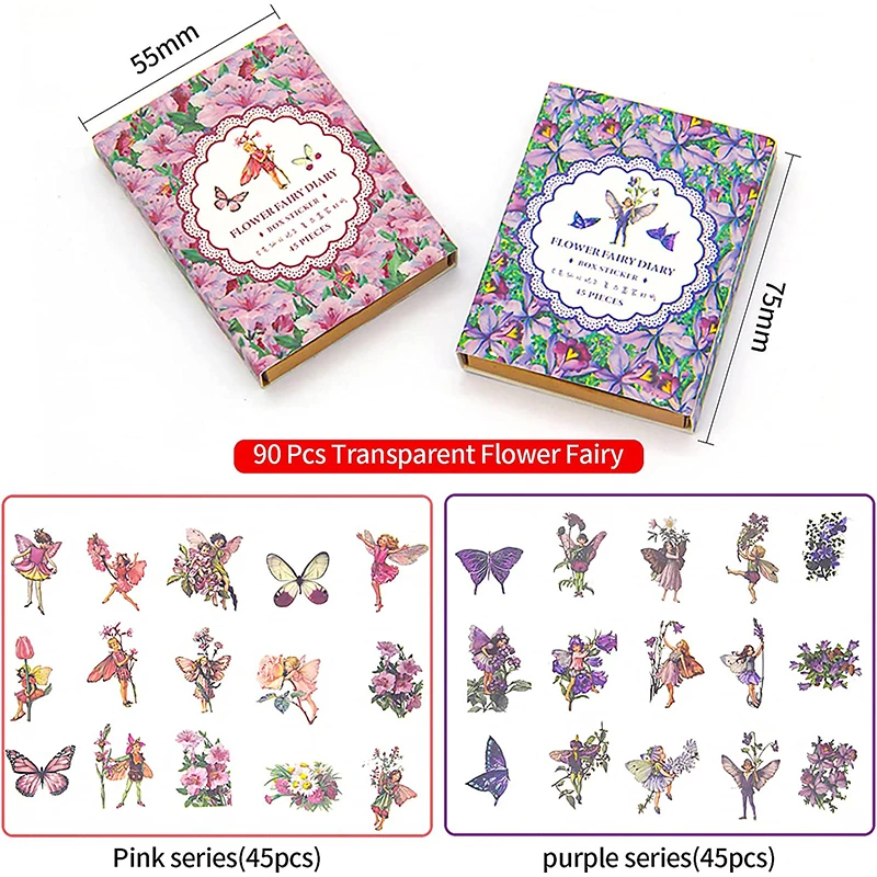 90 Pcs Fairy Stickers for Scrapbook Transparent Flower Fairy Patch for Scrapbooking Hand Ledger Phone Case Laptop Diary DIY