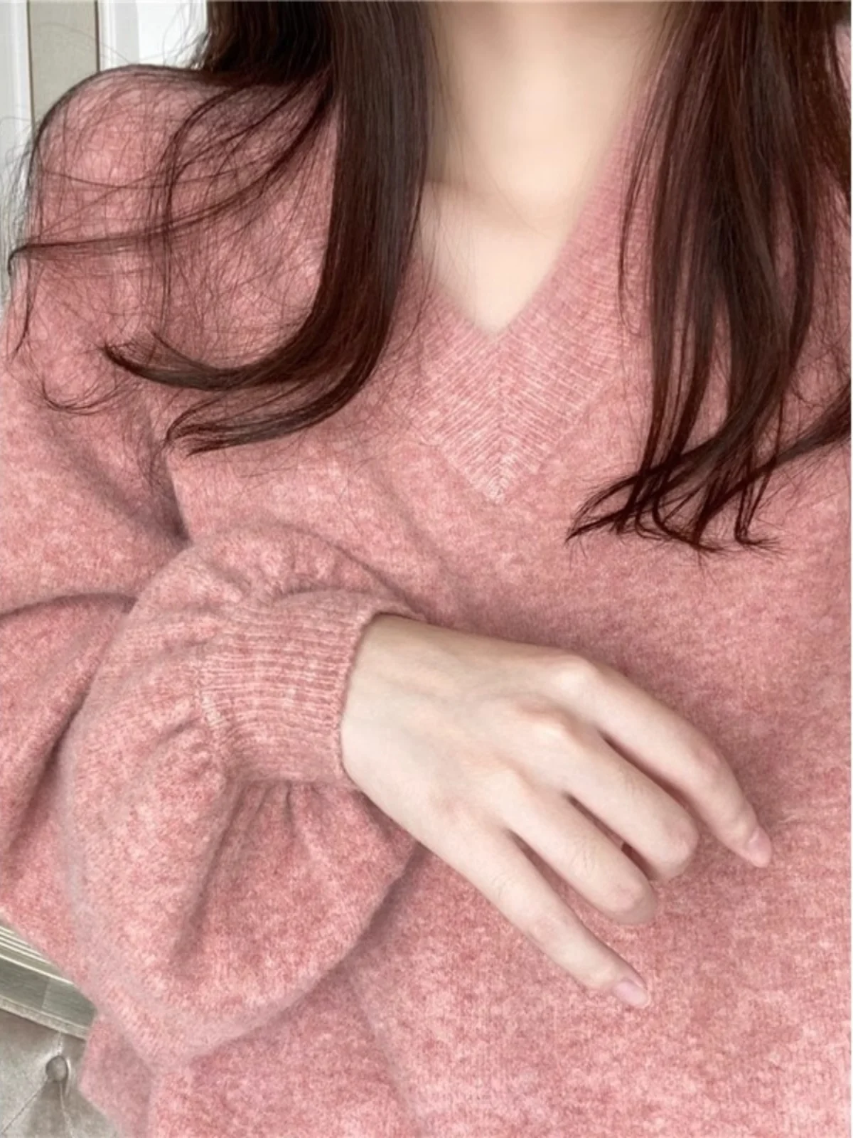 

Мягкий женский свитер Thiened V-Ne, свободная верхняя одежда, вязаный топ, пастельно-розовый, осенне-зимний, удобный, повседневный, ленивый, слэ...