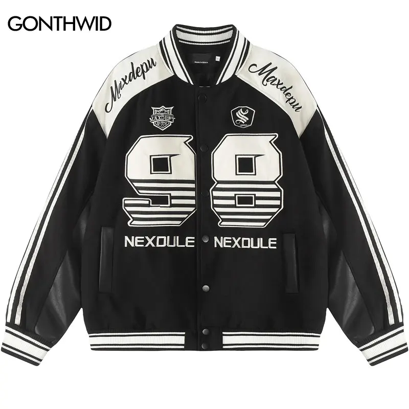 

Vintage Black Baseball Bomber Jacket Y2K Retro Embroidered Leather Patchwork Racing Coats Streetwear Men Hip Hop Sports Jackets