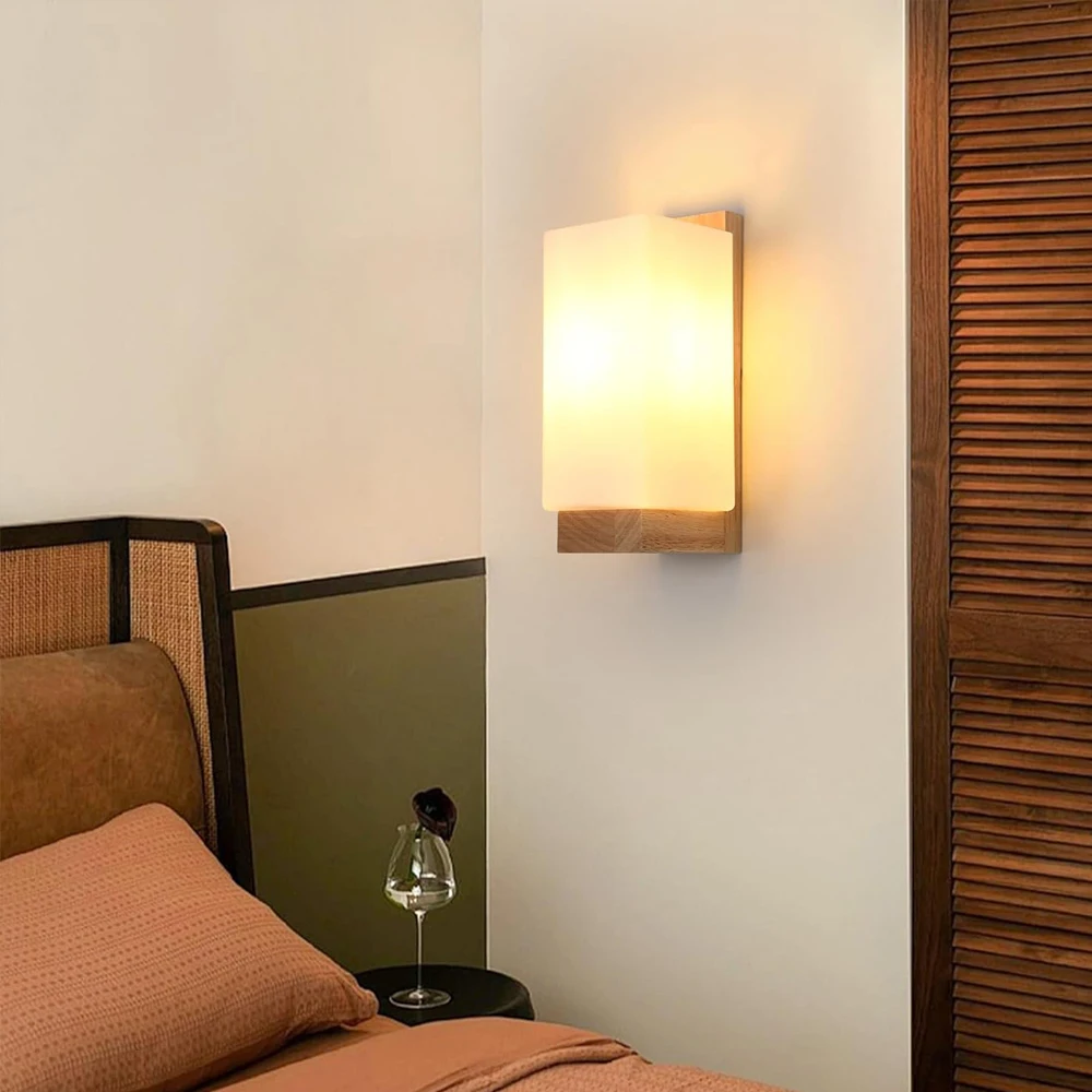 Nordic Wood Wall Lamps with Glass Shade Home Indoor Decor Sconce Bedside Lamp Modern Led Wall Light Night Lights Fixtures E27 view 5