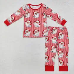 NEW RTS Infant Christmas Boy Pajamas Set Wholesale Bamboo Santa Claus Pattern Red Holiday Long Sleeve Pants Set