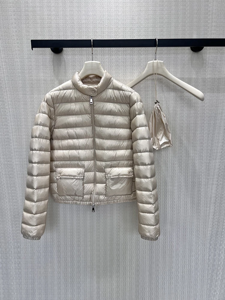 Autumn Winter Fashion Beige Simplicity Short Style Warm Down Jacket Women's Stand Collar Long Sleeve Solid Color Cold-proof Coat