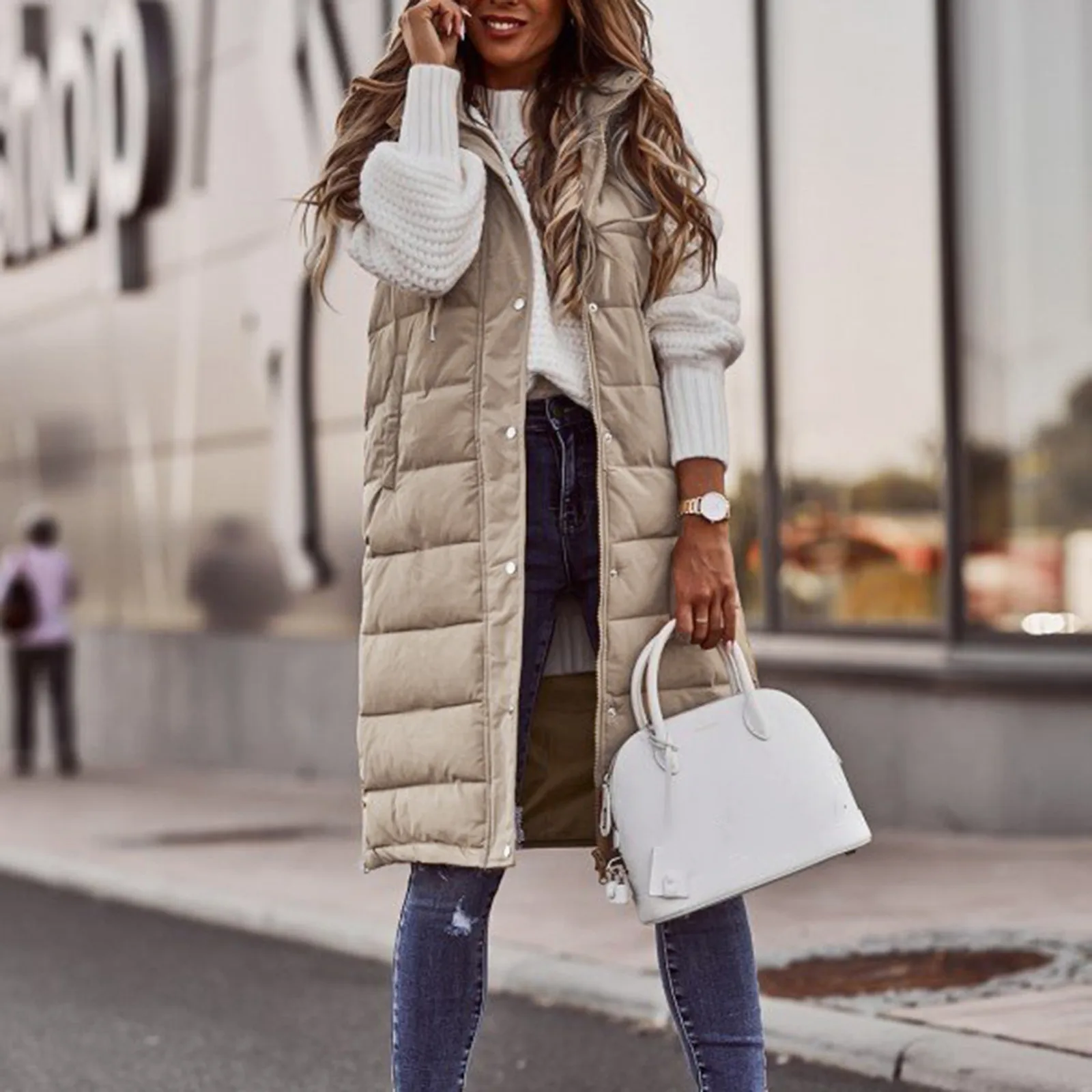 Women'S Hoodie Vest Winter Sleeveless Coat Long Warm Down Coat With Pockets Quilted Outdoor Beige Mid Length Jacket Tank Female